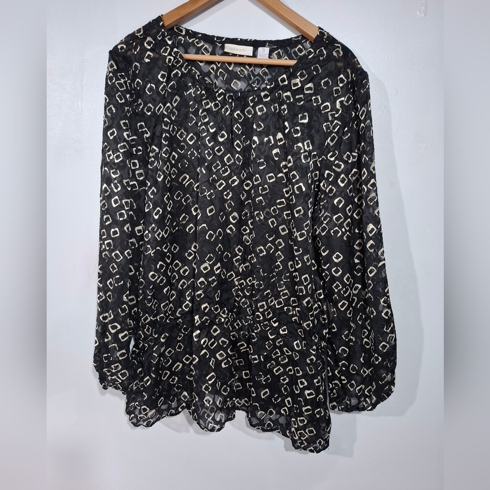 Chico's Women's Top Size 3 US XL Sheer Black Ivory Pullover Long Sleeve Chiffon